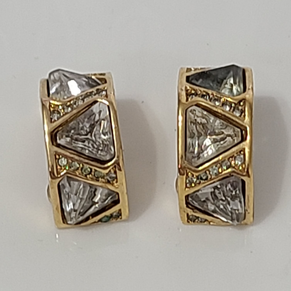 Vintage Christian Dior Luxury Crystal Gold Geometric Half Hoop Clip On Earrings